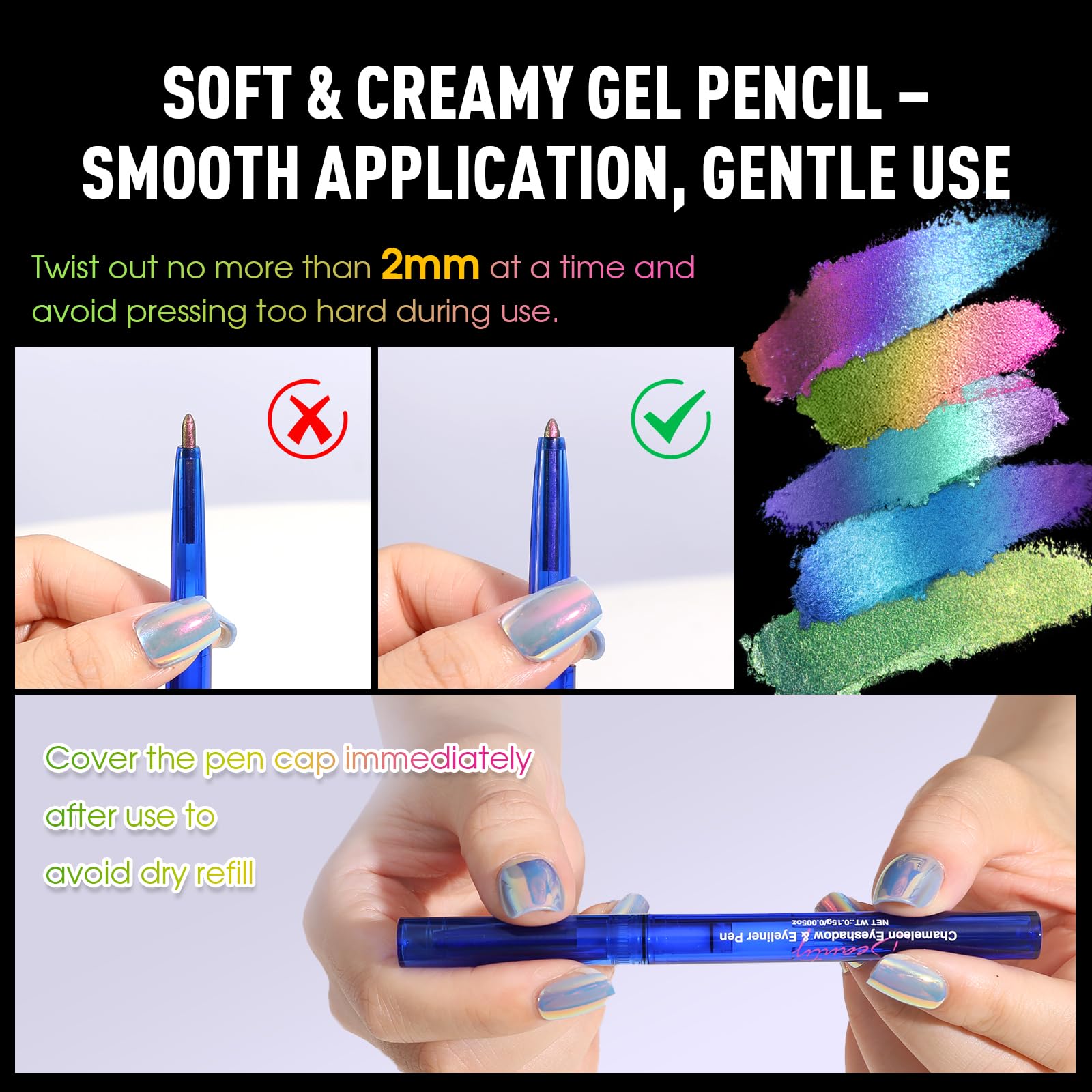 UCANBE chameleon gel-pencil with dark base option, enhances color depth before layering.