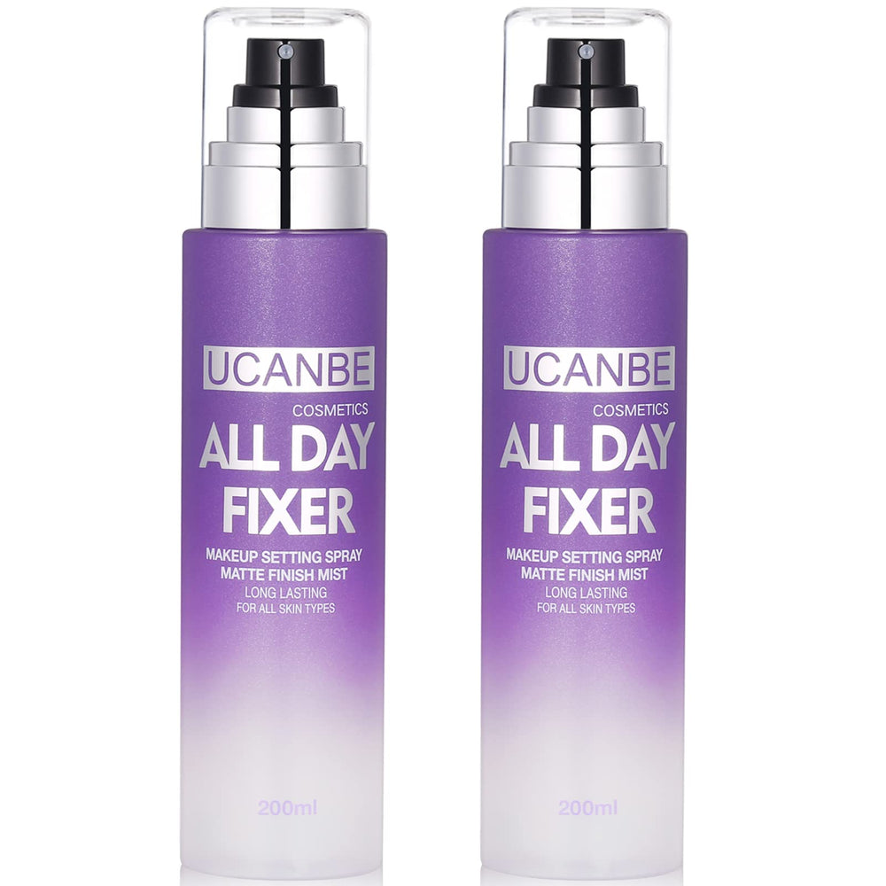 UCANBE makeup setting spray bottle closeup showing matte finish and oil control benefits.