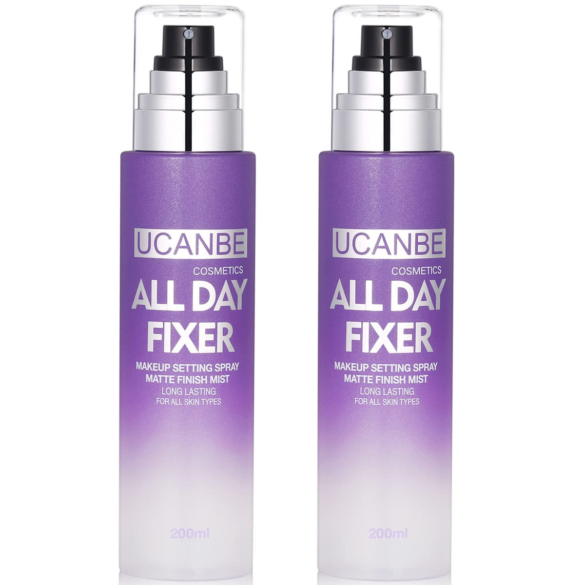 UCANBE makeup setting spray bottle closeup showing matte finish and oil control benefits.