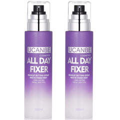 UCANBE makeup setting spray bottle closeup showing matte finish and oil control benefits.