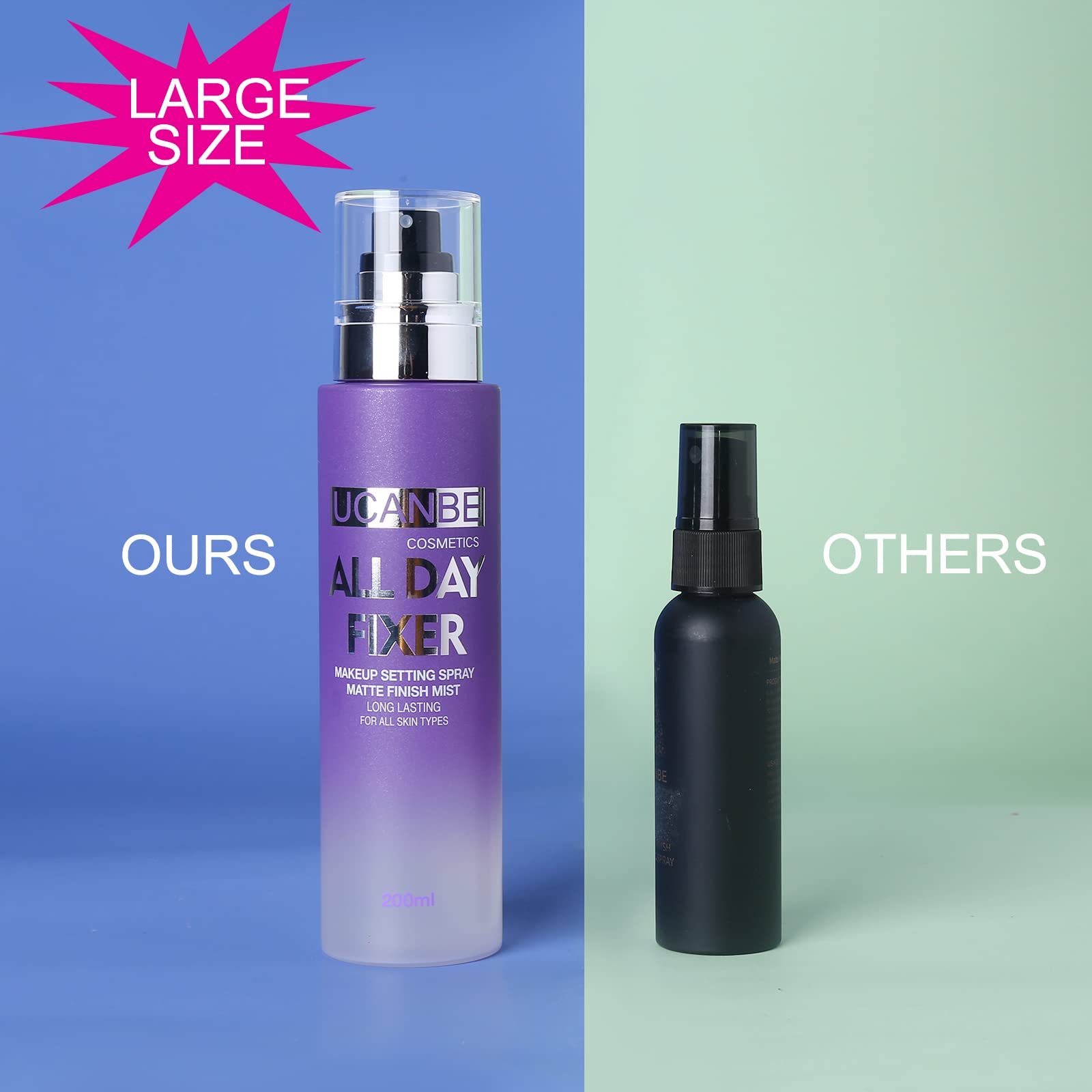UCANBE setting spray tips shot with brush shows natural, vibrant makeup finish.