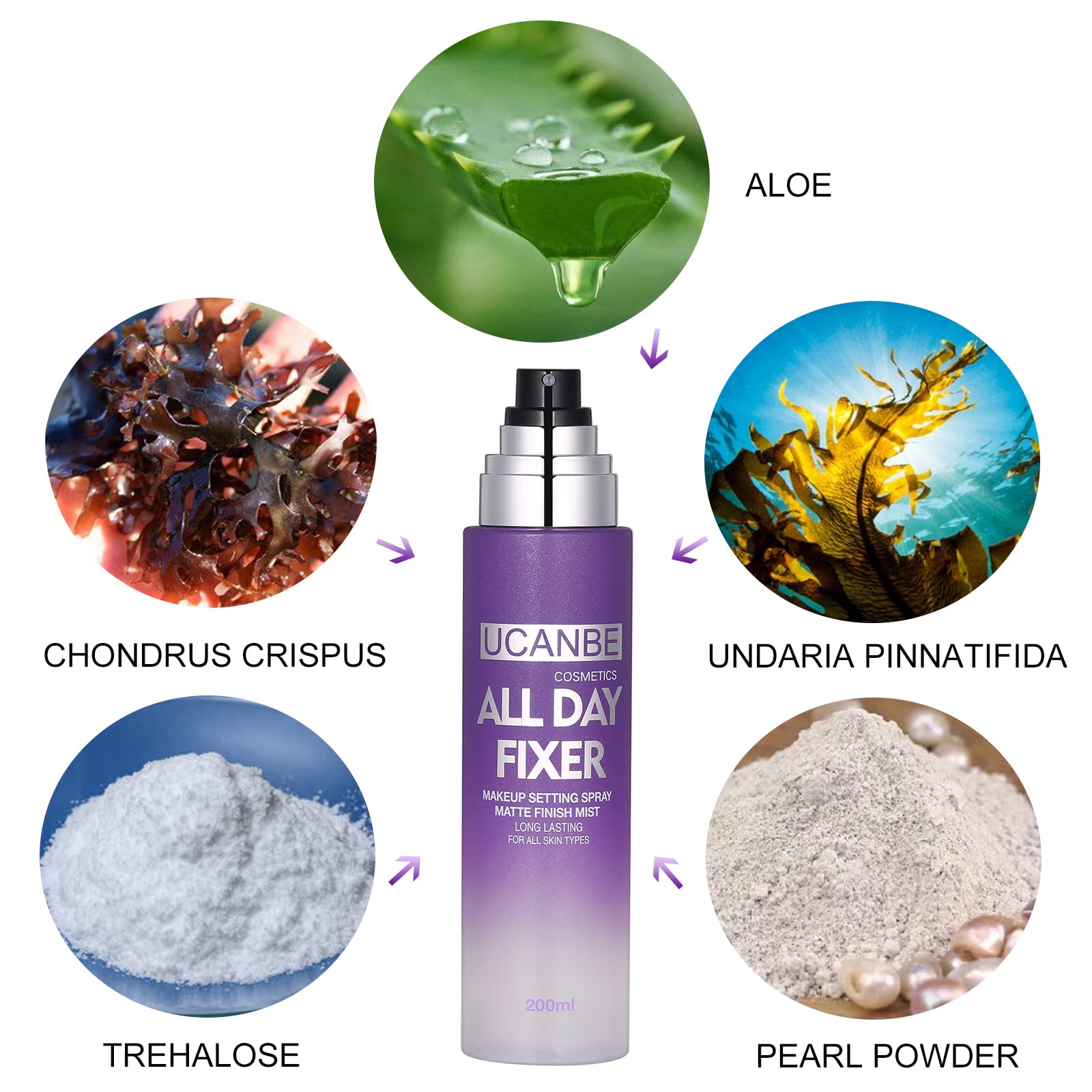 UCANBE makeup setting spray oil-control mist highlights shine reduction for all-day look.