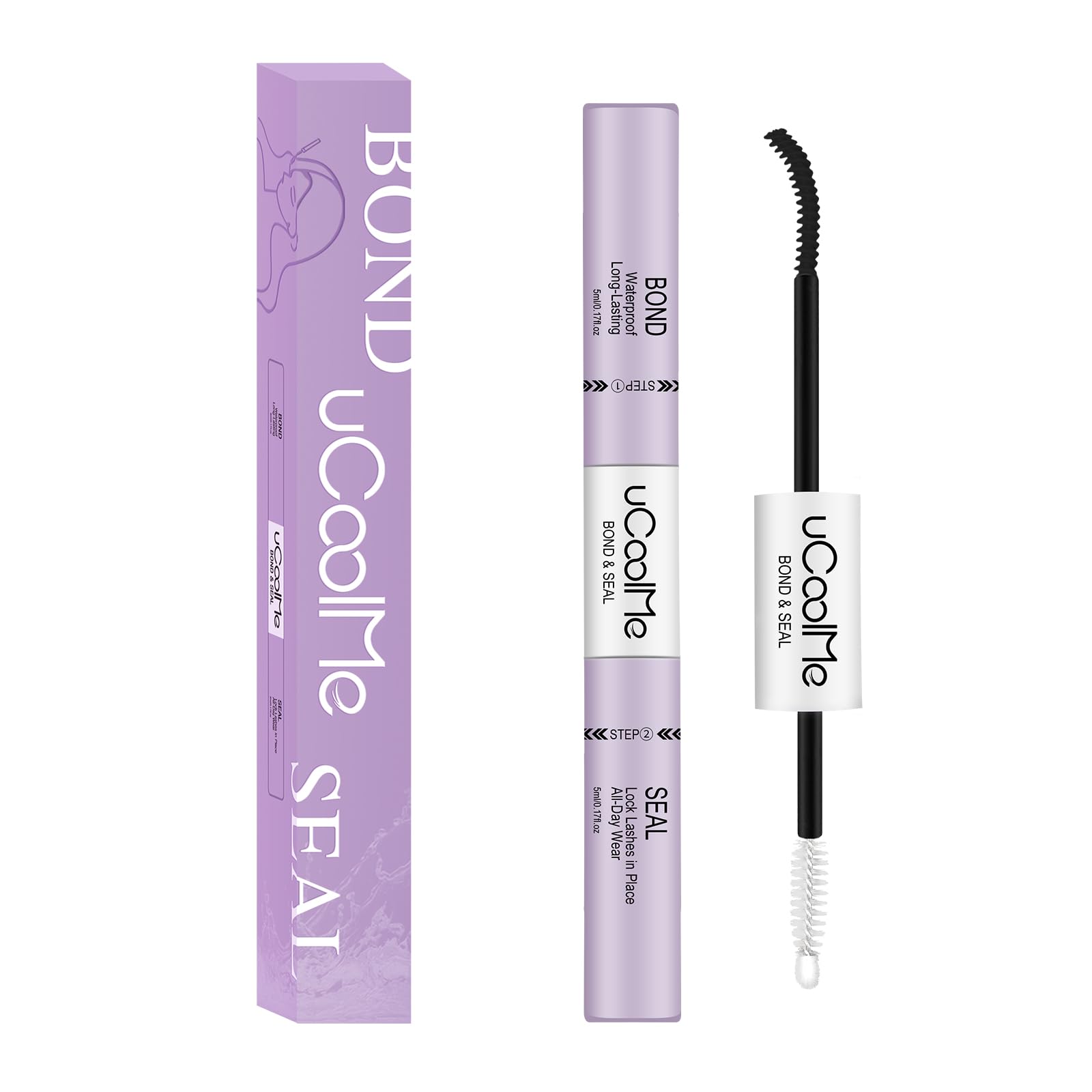 UCOOLME lash bond-seal bottle closeup shows long-lasting hold for all-day wear.