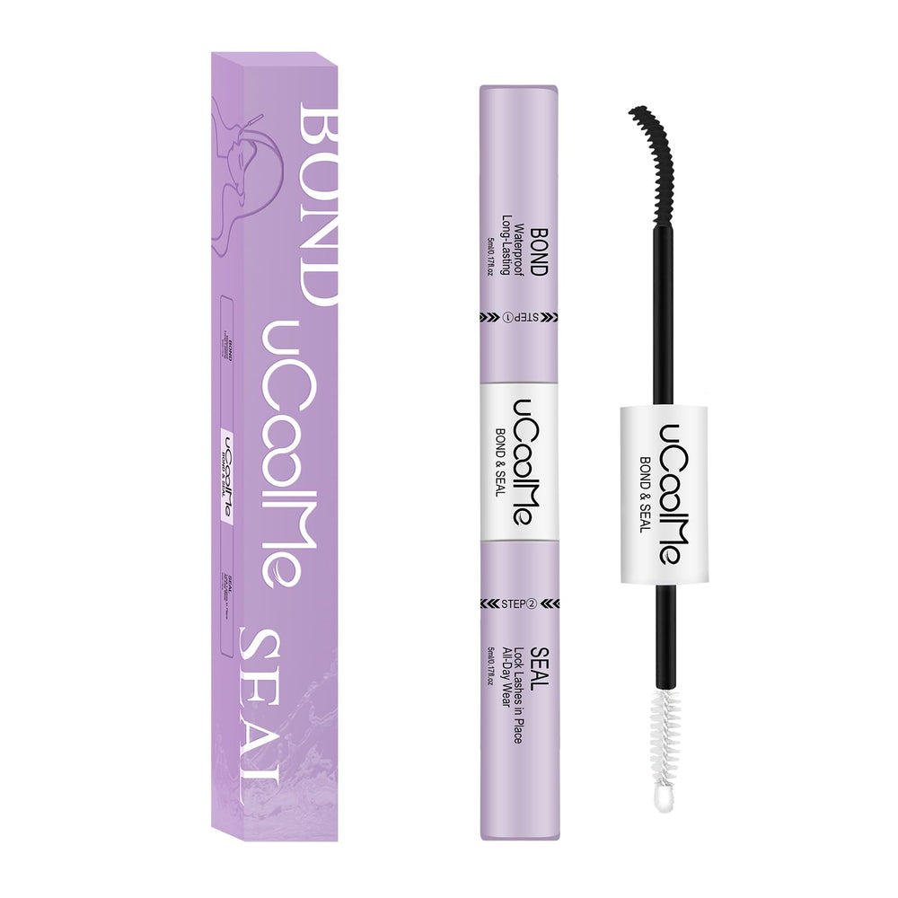 UCOOLME lash bond-seal bottle closeup shows long-lasting hold for all-day wear.