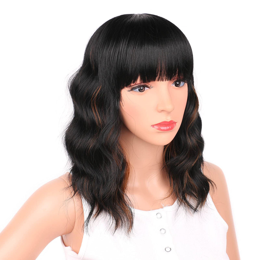 Ucubb Black Mixed Brown Wig 14in bangs close-up face-framing detail.
