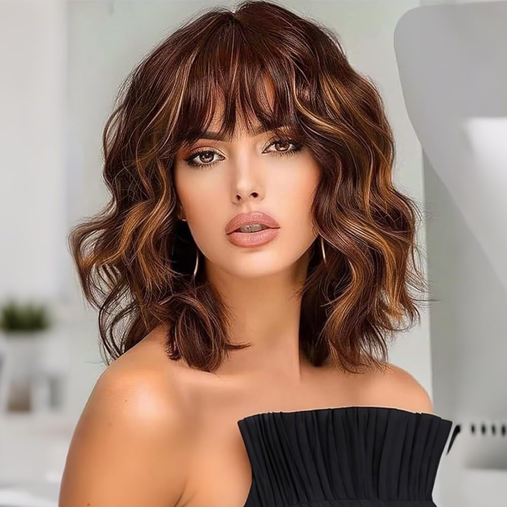 Ucubb short bob wavy wig with bangs photo 1 natural daily wear