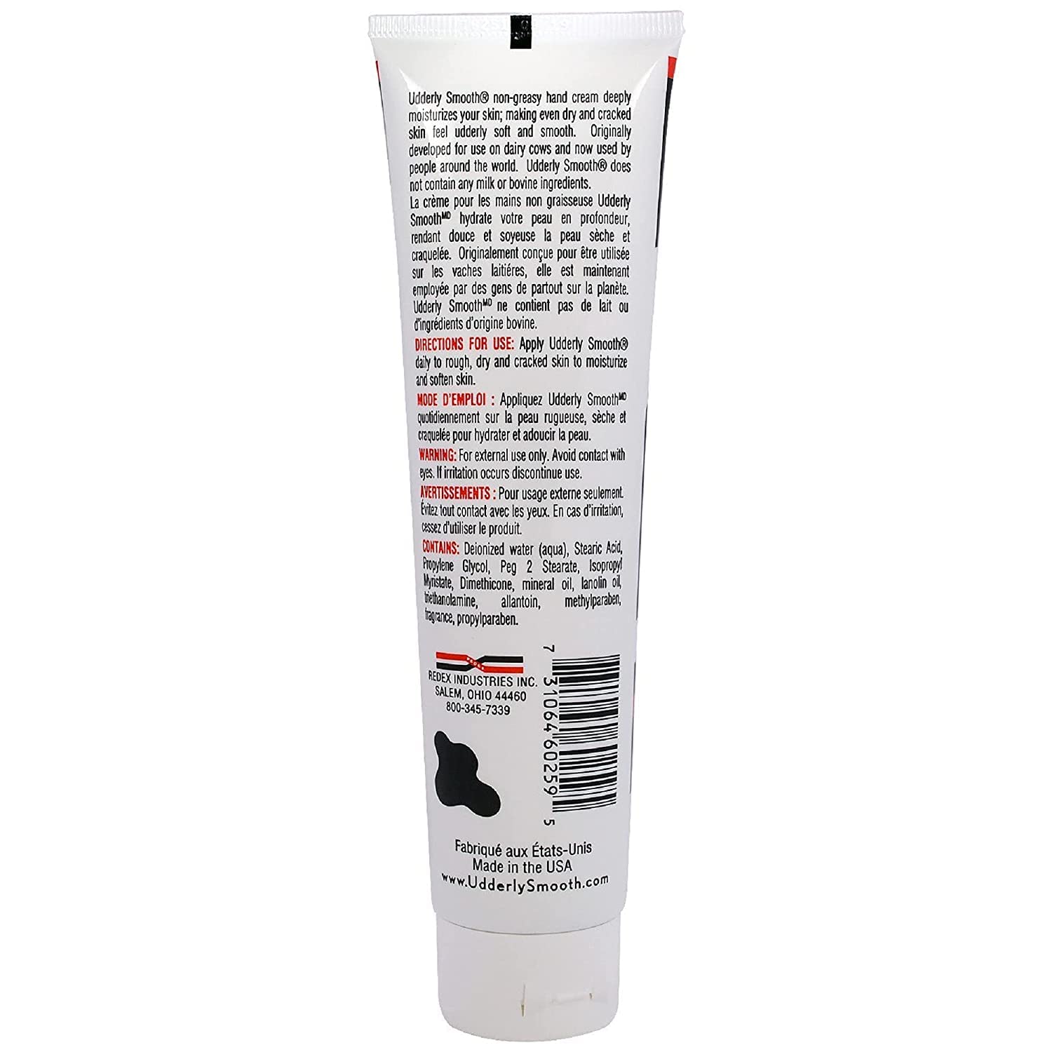 Udderly Smooth 4 oz tube back label with travel-friendly packaging