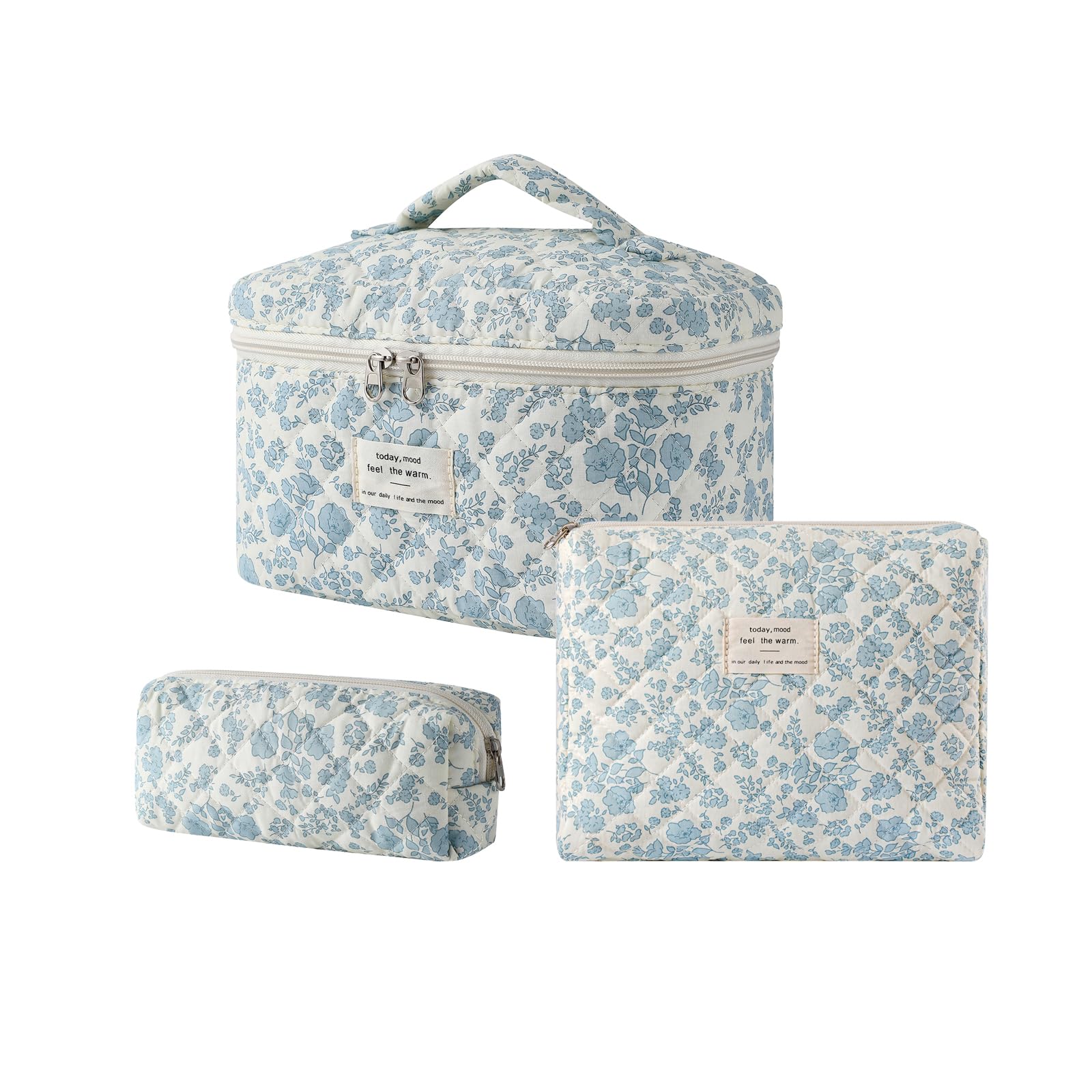 uekeboag 3pcs large travel-quilted makeup bags in light blue ideal for organized cosmetics on trips.