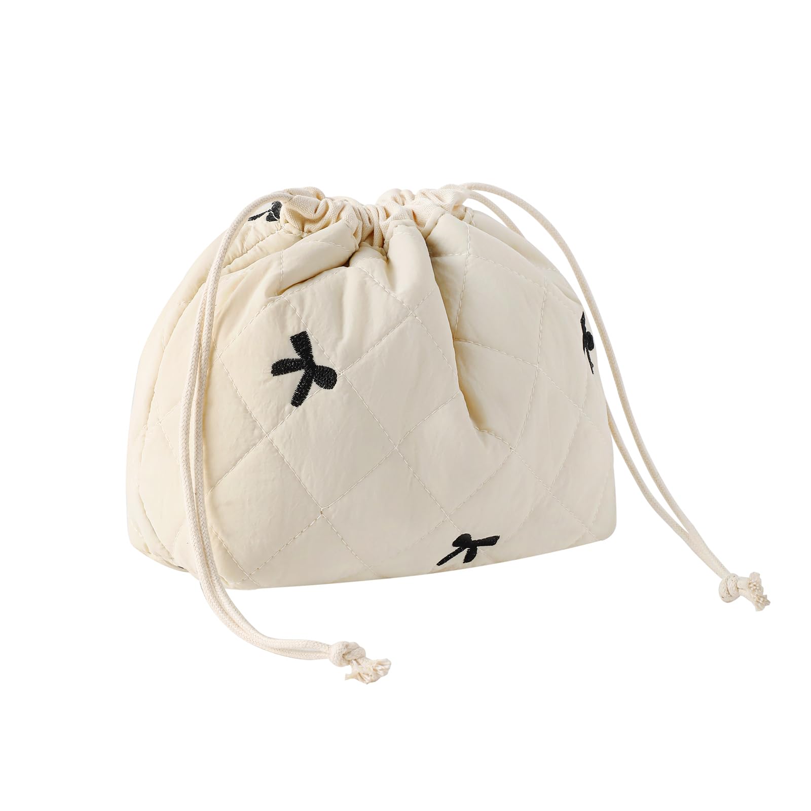 The uekeboag cotton quilted drawstring makeup bag in beige bows keeps cosmetics organized on the go.