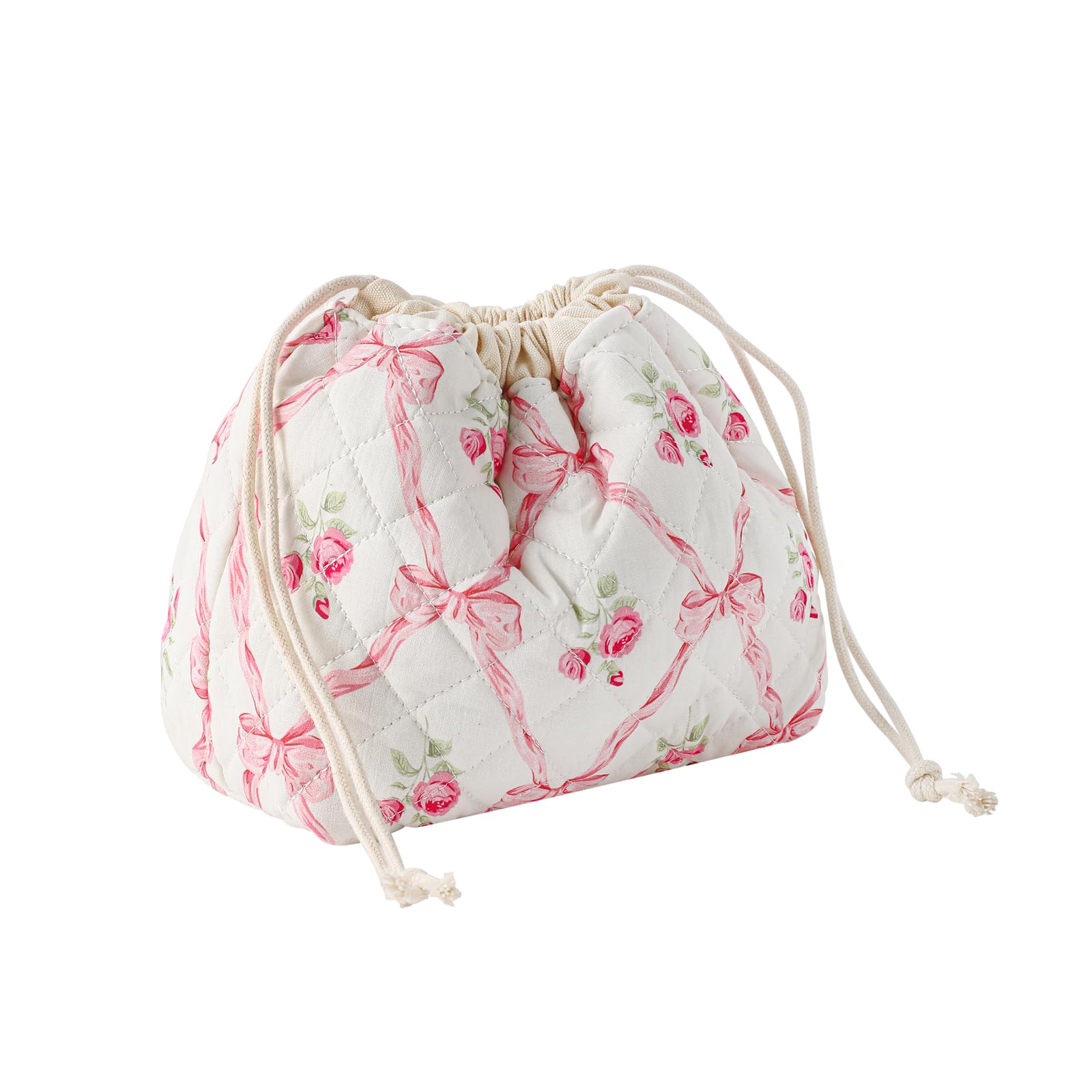 uekeboag cotton quilted drawstring makeup bag front view for organized daily cosmetics.