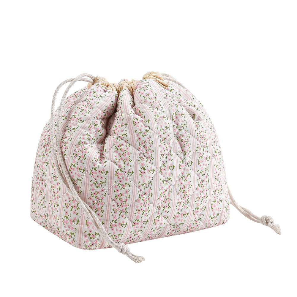 Uekeboag cotton quilted drawstring makeup bag in pink close-up shows soft fabric for daily use.
