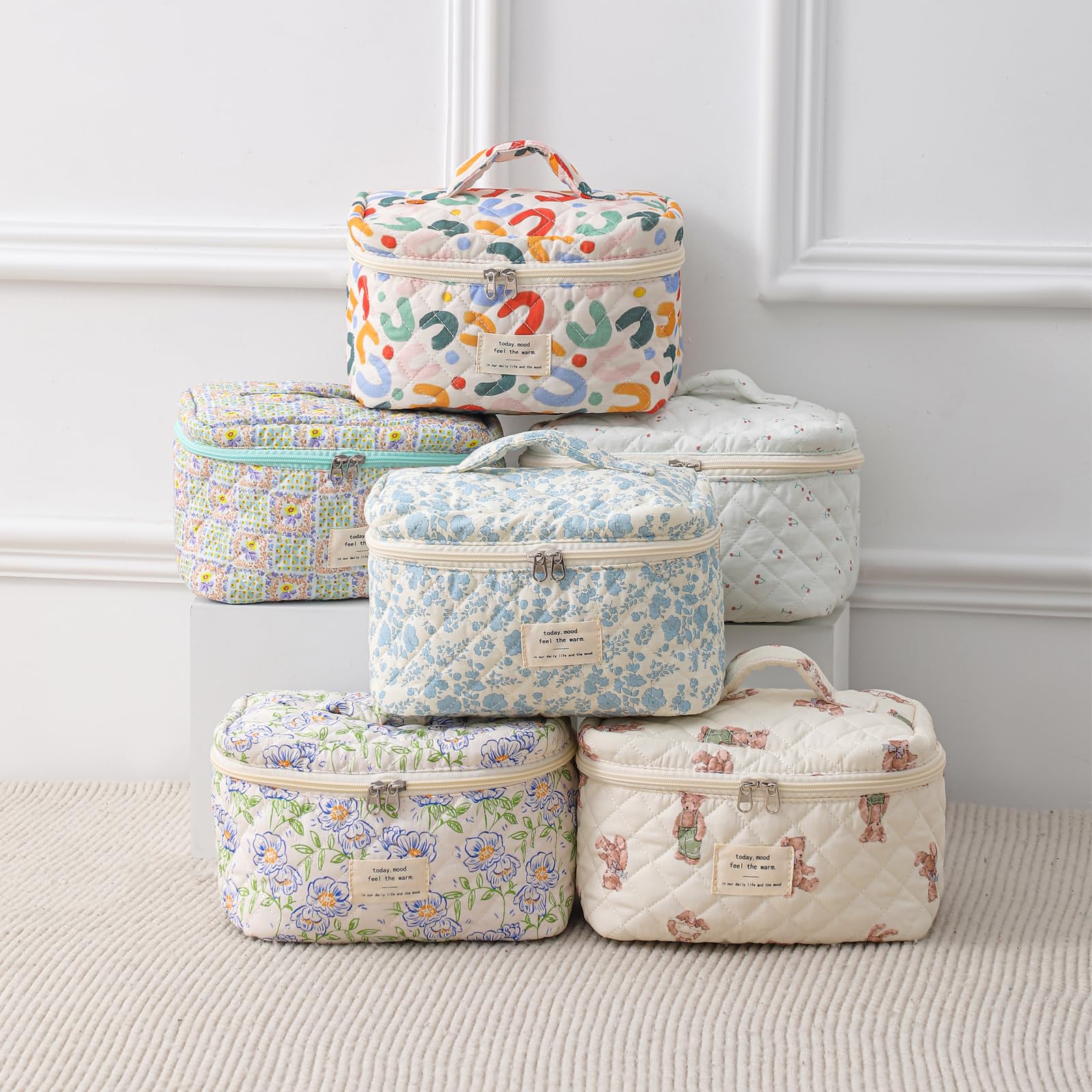 uekeboag floral cotton bag; soft-touch fabric ideal for daily cosmetics or weekend getaways.