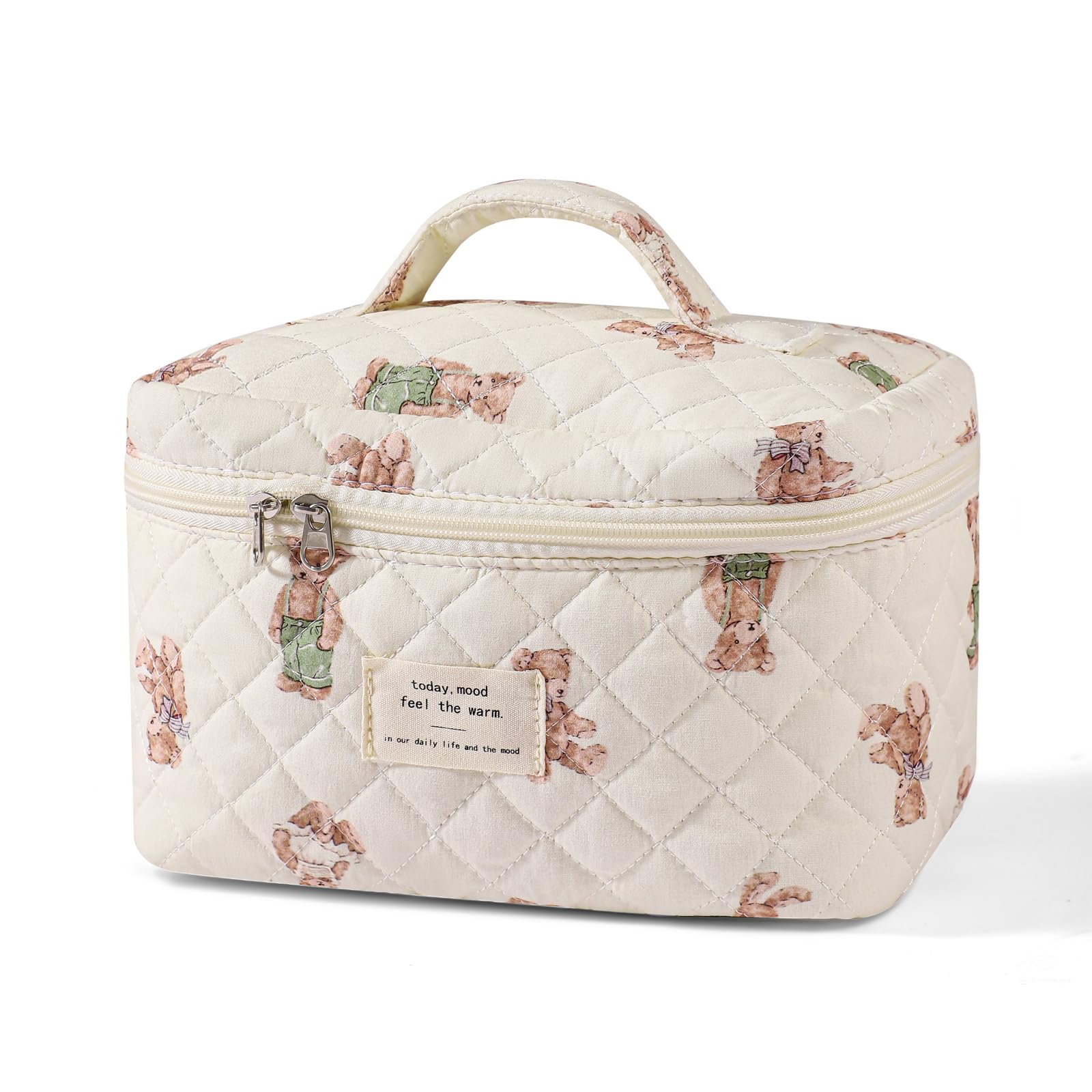 uekeboag large travel quilted makeup bag closeup showing floral print for everyday organization.
