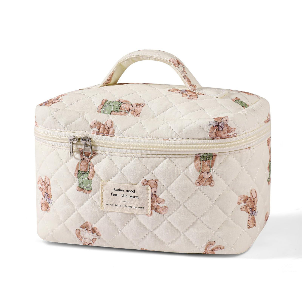 uekeboag large travel quilted makeup bag closeup showing floral print for everyday organization.