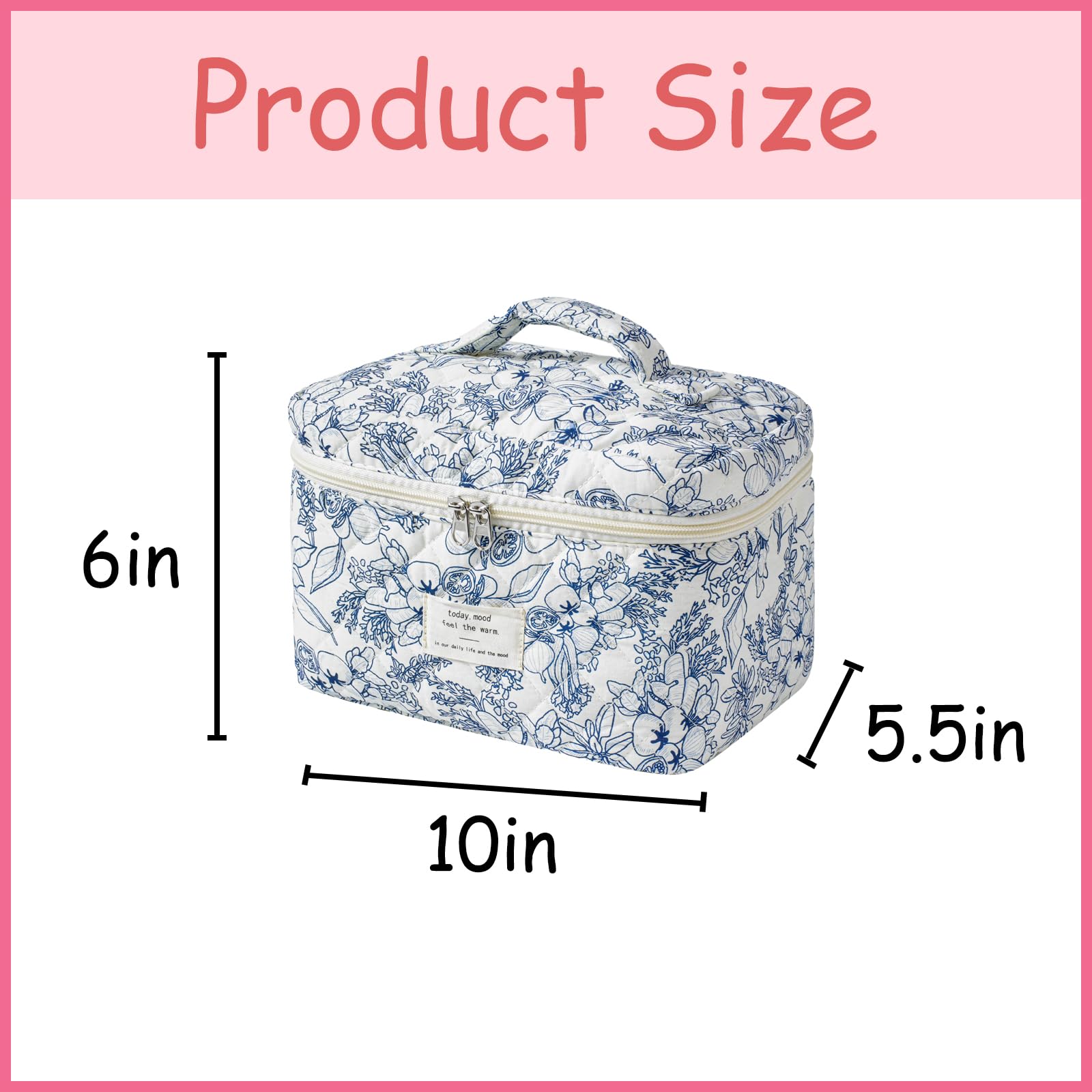 uekeboag makeup bag navy blue flower close-up; soft quilted texture and stitching quality.