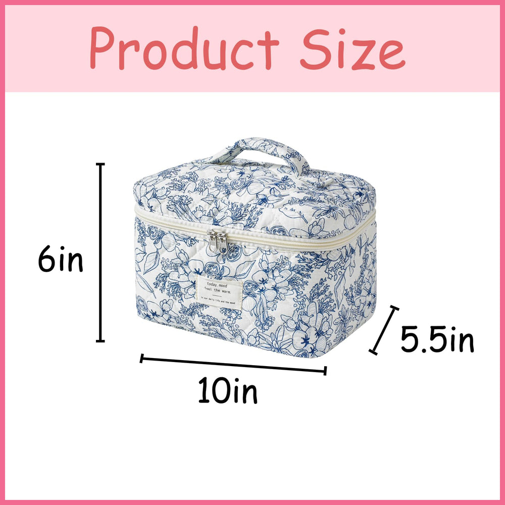 uekeboag makeup bag navy blue flower close-up; soft quilted texture and stitching quality.