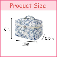 uekeboag makeup bag navy blue flower close-up; soft quilted texture and stitching quality.