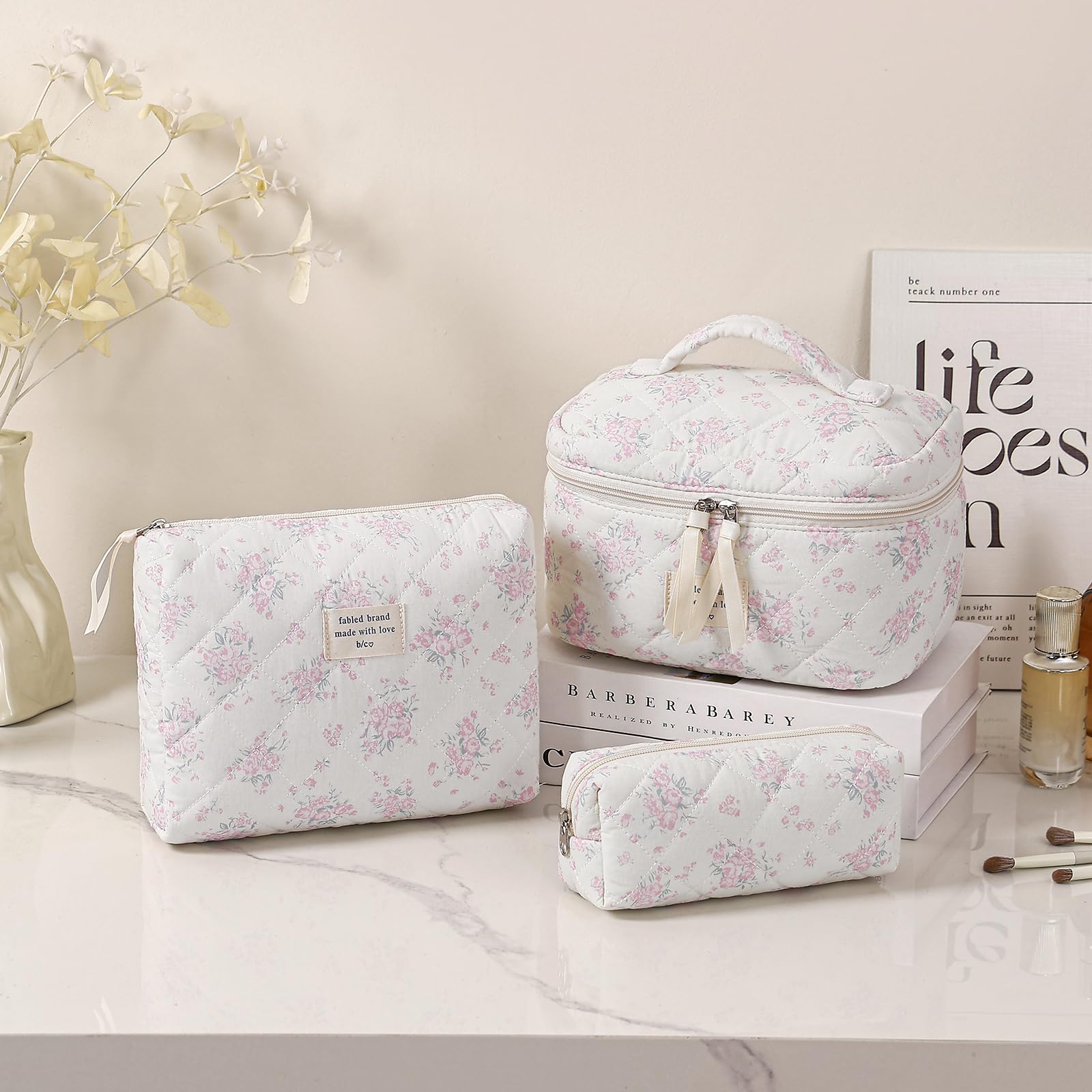 uekeboag travel quilted makeup bag small floral pinkrose compact storage for cosmetics
