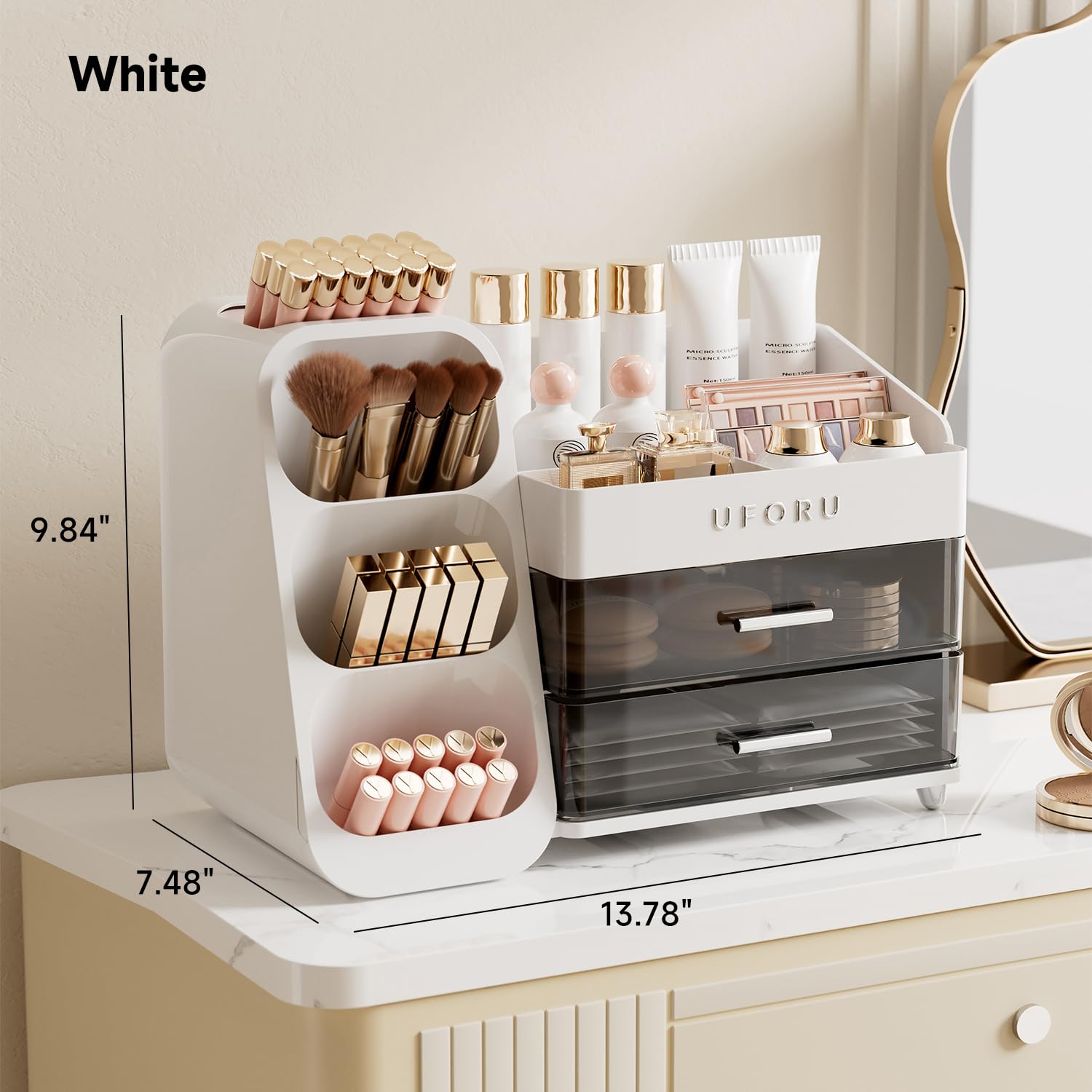 UFORU cosmetic display case with metal handles for stylish storage