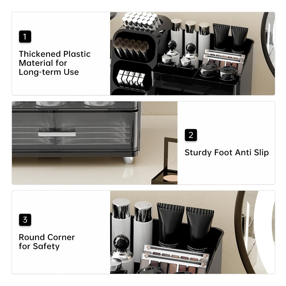 UFORU makeup organizer dimensions 14.3 by 7.6 by 10.2 inches fit on countertops.