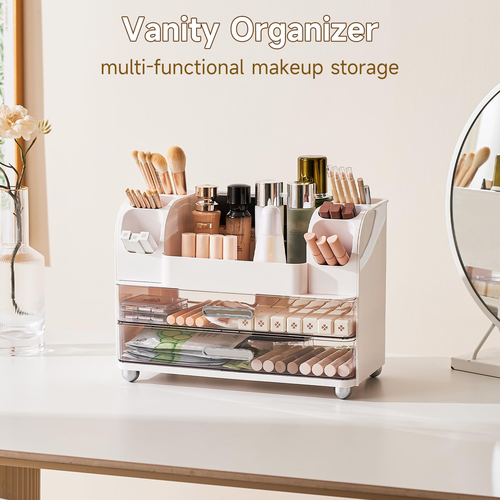 UFORU makeup organizer side slots store tools within arm's reach.