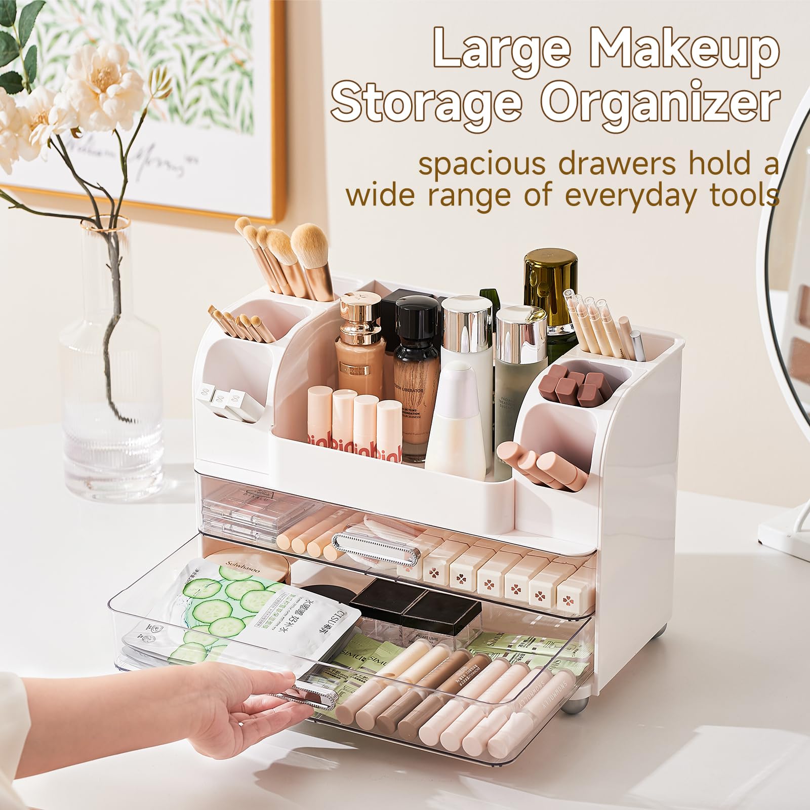 UFORU makeup organizer sturdy feet stabilize on countertops.