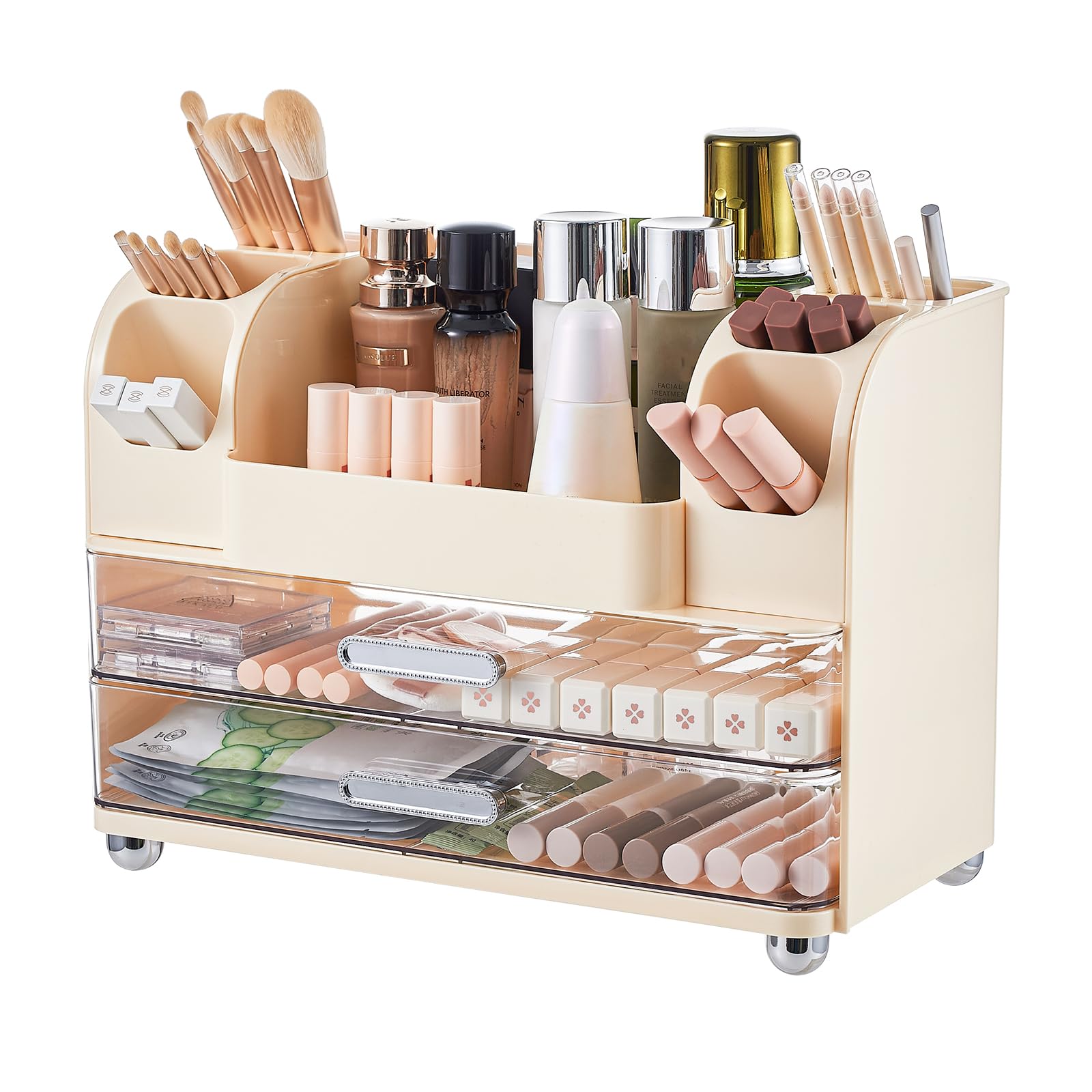 UFORU makeup organizer on vanity with two drawers for tidy cosmetics and brushes.