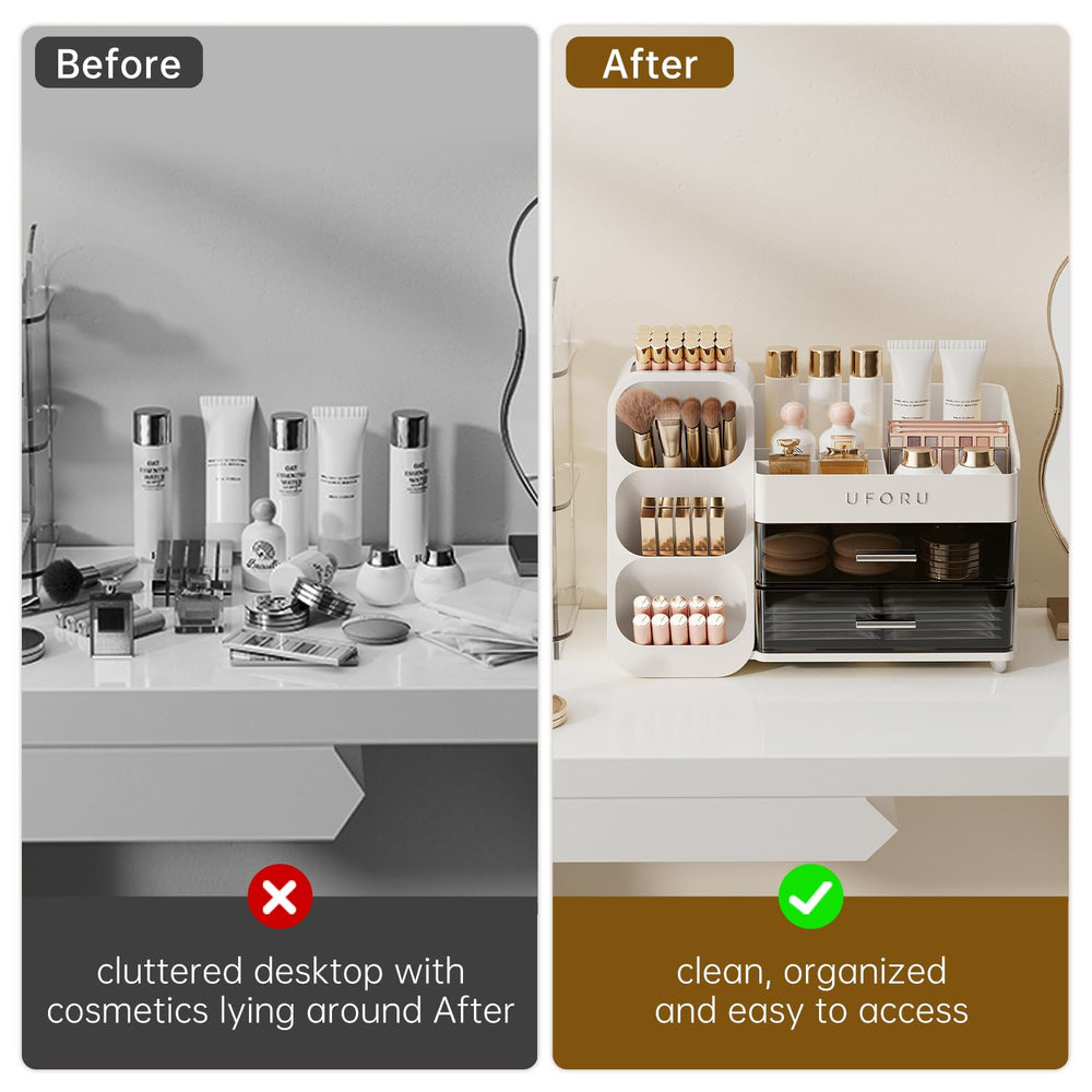 UFORU vanity display on counter creates a tidy, stylish workspace