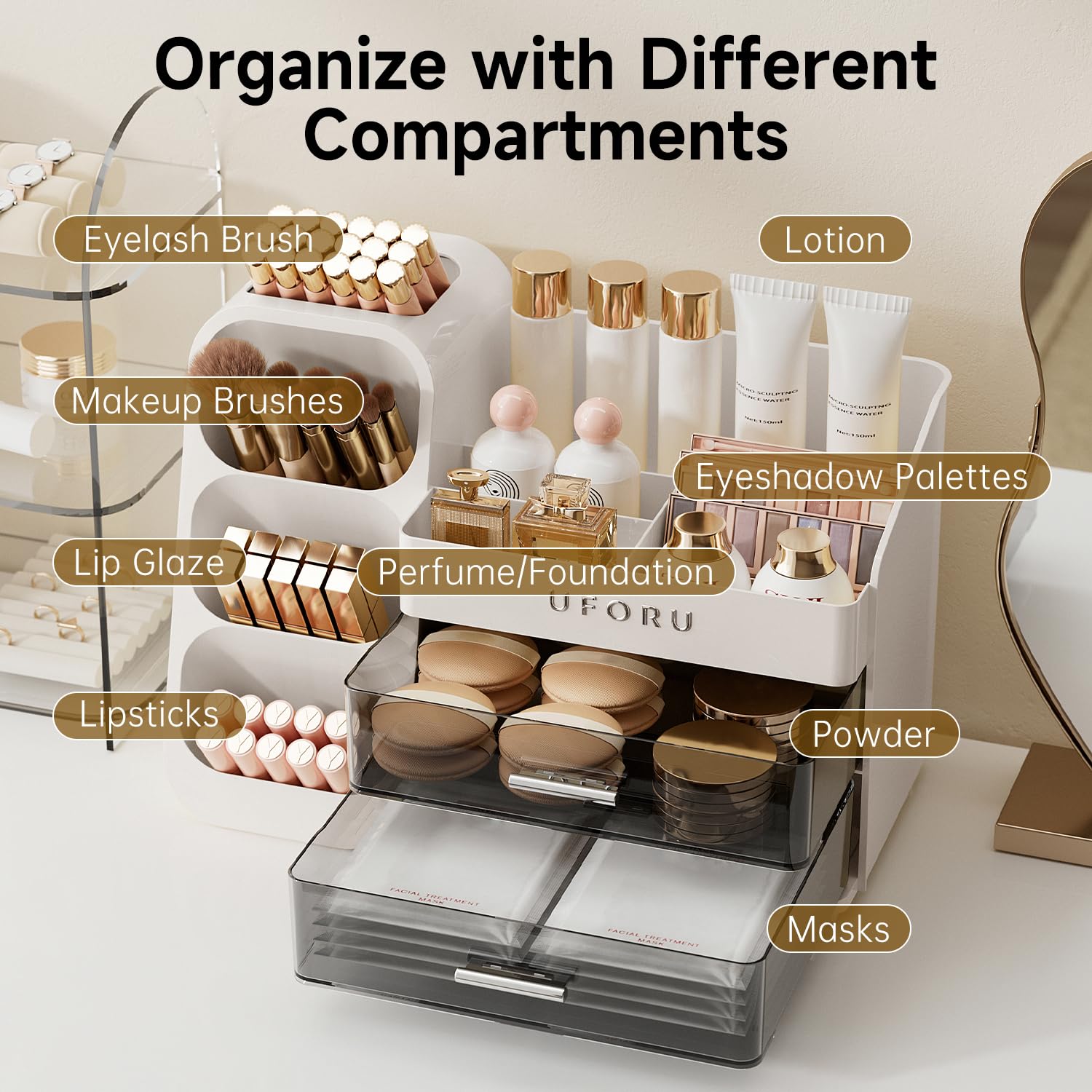 UFORU vanity storage compact fits on most counters without crowding