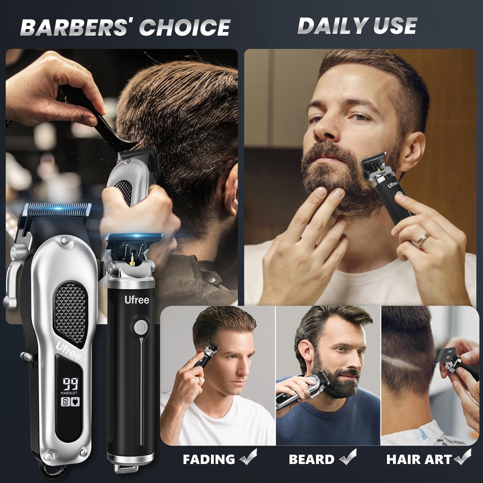 Ufree 17 piece kit attachments laid out for versatile grooming options