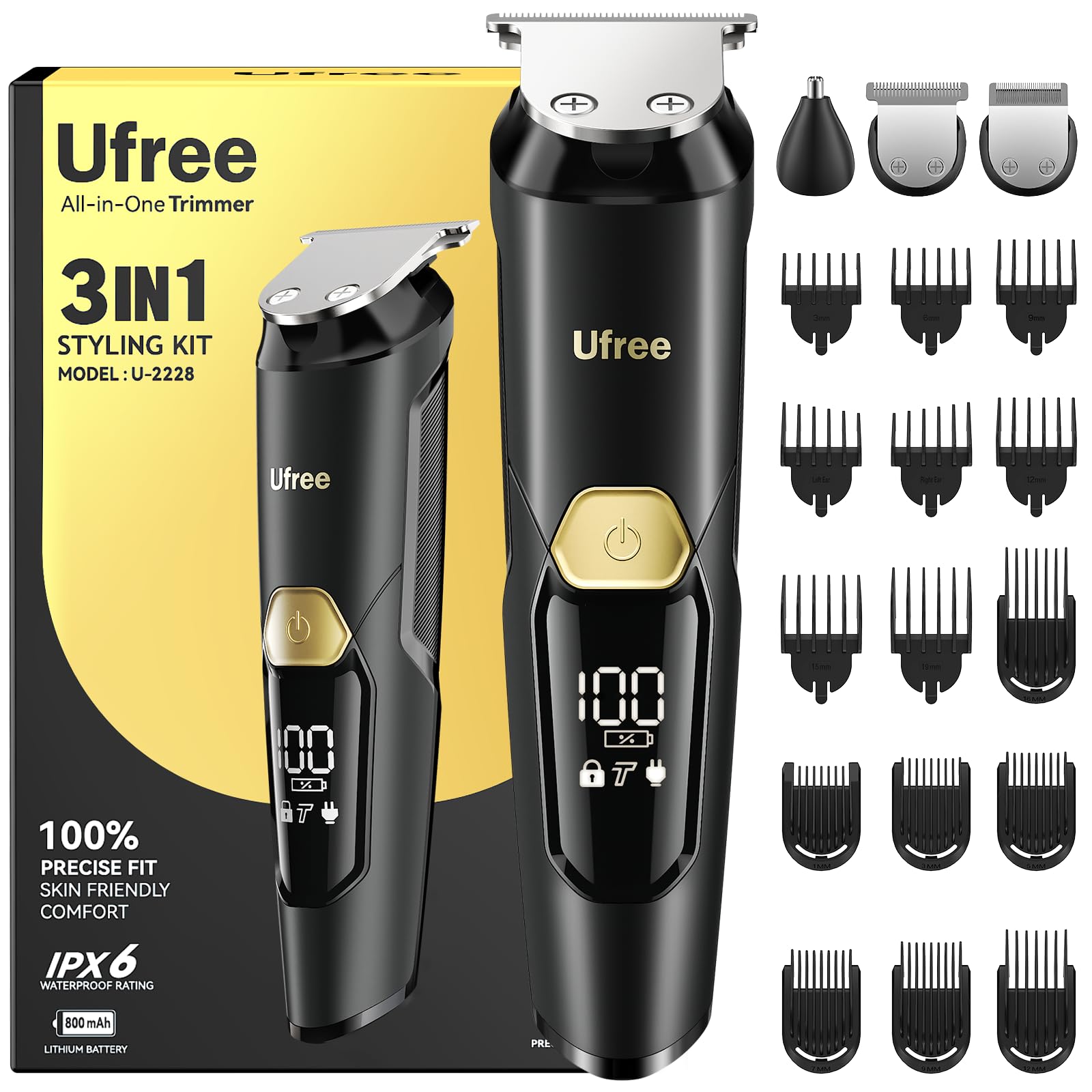 Ufree 3-in-1 beard trimmer kit front view highlighting ergonomic grip for precise grooming on the go.