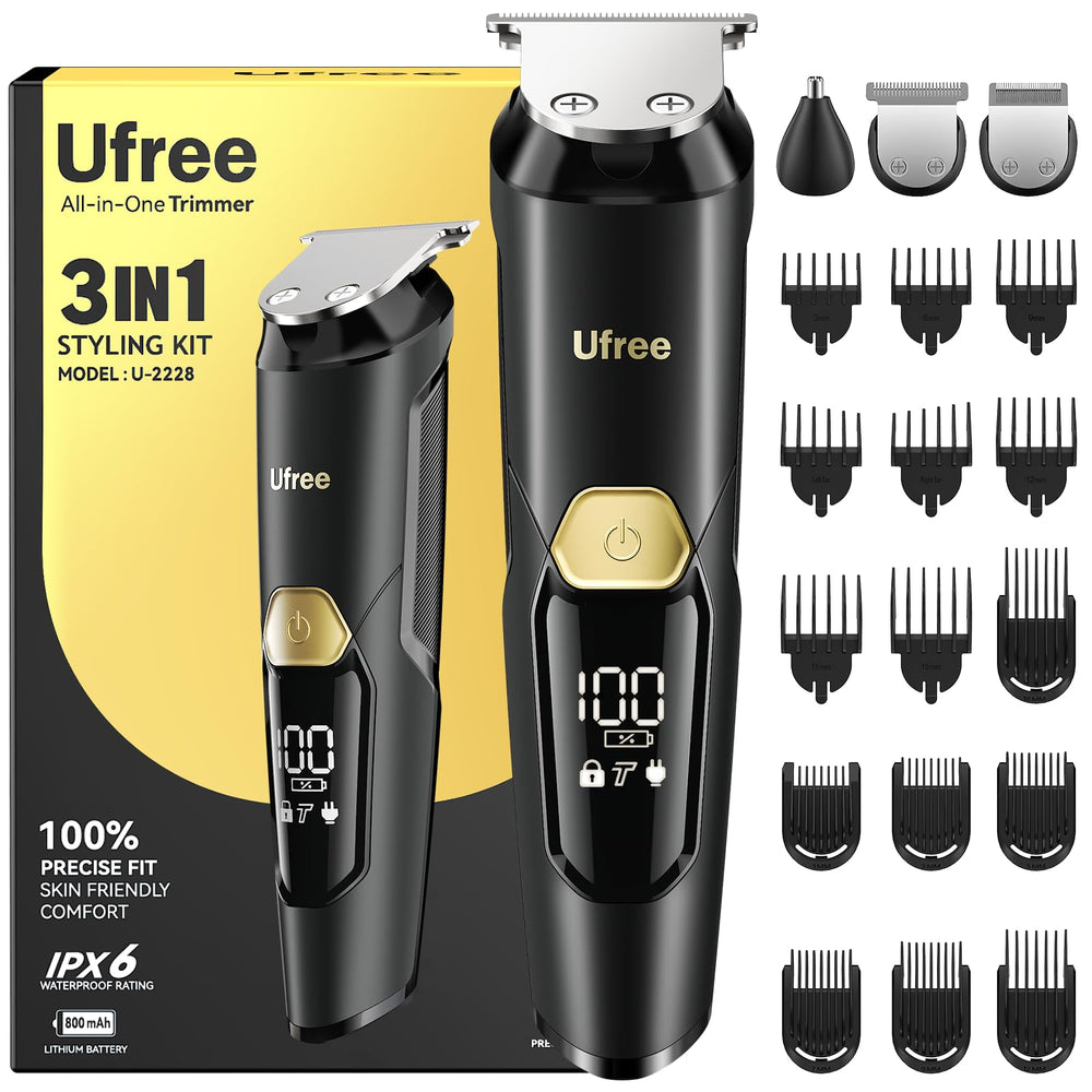 Ufree 3-in-1 beard trimmer kit front view highlighting ergonomic grip for precise grooming on the go.