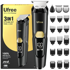 Ufree 3-in-1 beard trimmer kit front view highlighting ergonomic grip for precise grooming on the go.