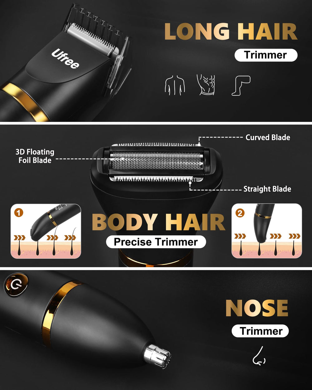 Ufree 3-in-1 grooming kit with interchangeable blades for precise trimming.