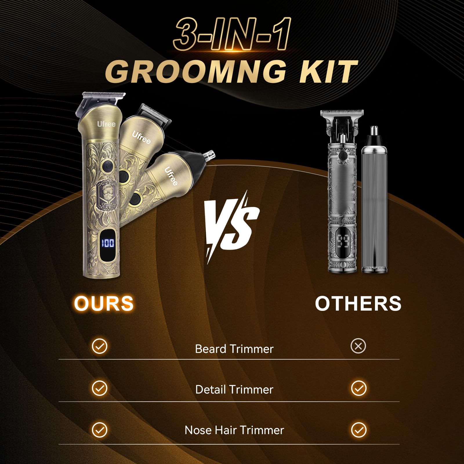 Ufree 3-in-1 attachments for versatile beard, nose, and detail trimming.