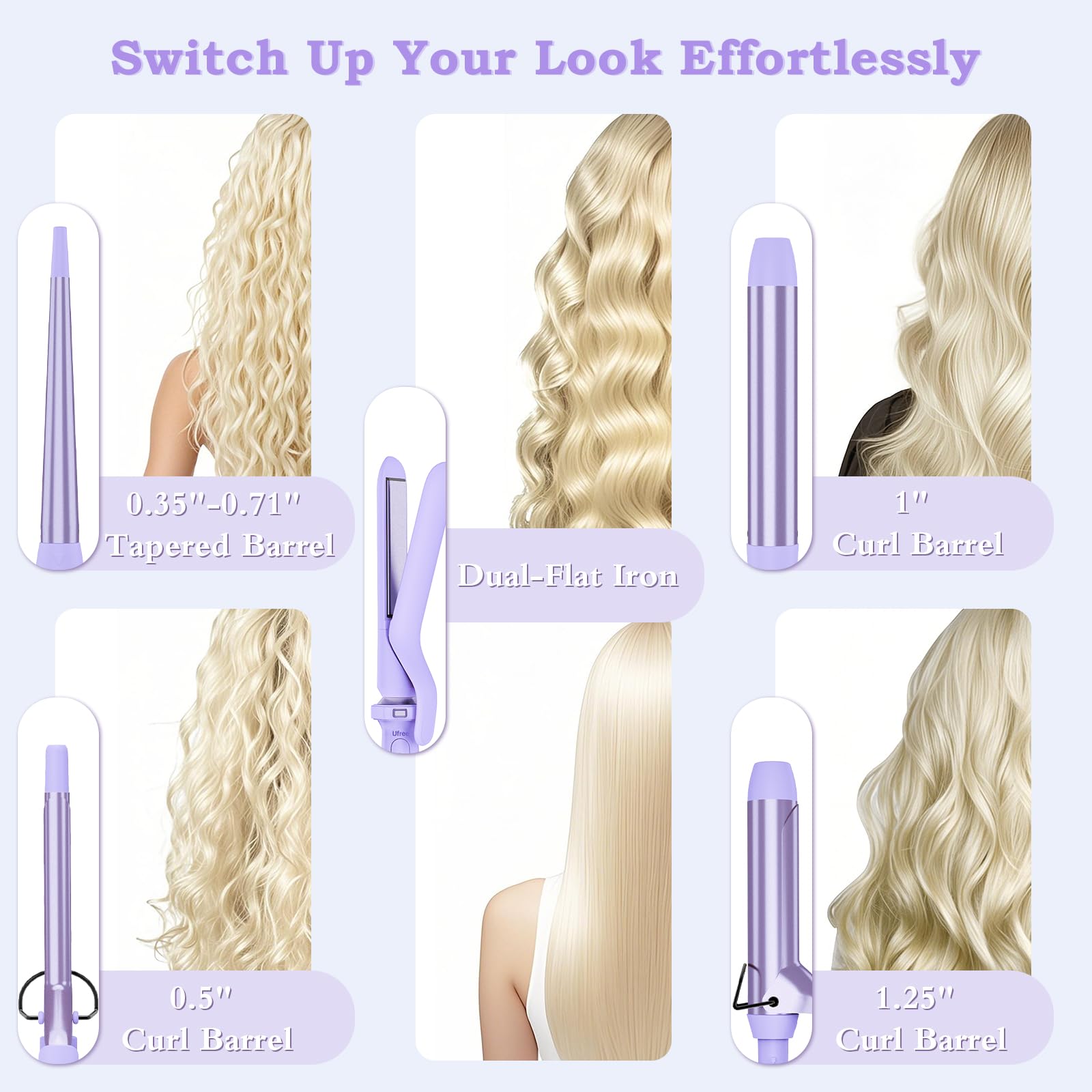 Ufree 5-in-1 curling iron set clip barrel 0.5 inch for precise curls