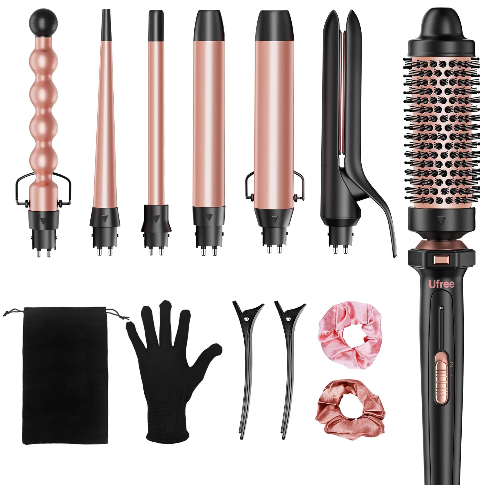 Ufree 7-in-1 curling iron set with interchangeable barrels for versatile styling.