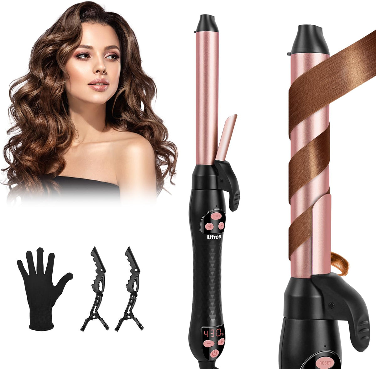 Ufree automatic rotating curling iron rose gold close-up highlighting smooth ceramic barrel for defined curls.