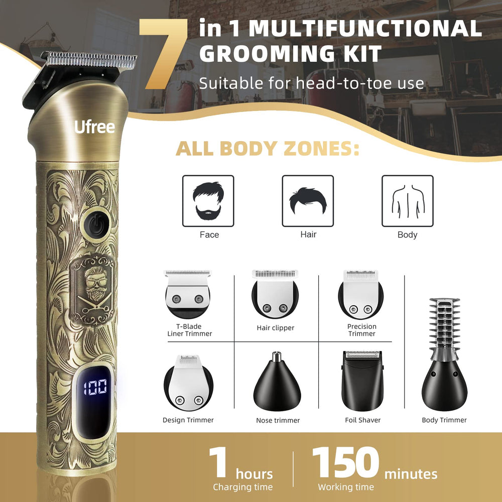 Ufree Beard Trimmer showing seven heads for versatile styling options.