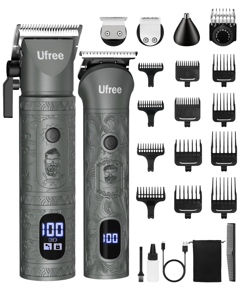 Ufree beard trimmer kit assembled with detachable heads for all-in-one grooming versatility.