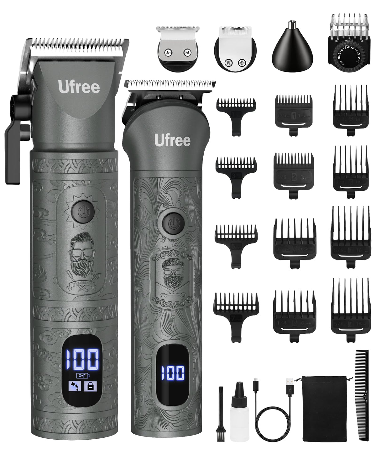 Ufree beard trimmer kit assembled with detachable heads for all-in-one grooming versatility.