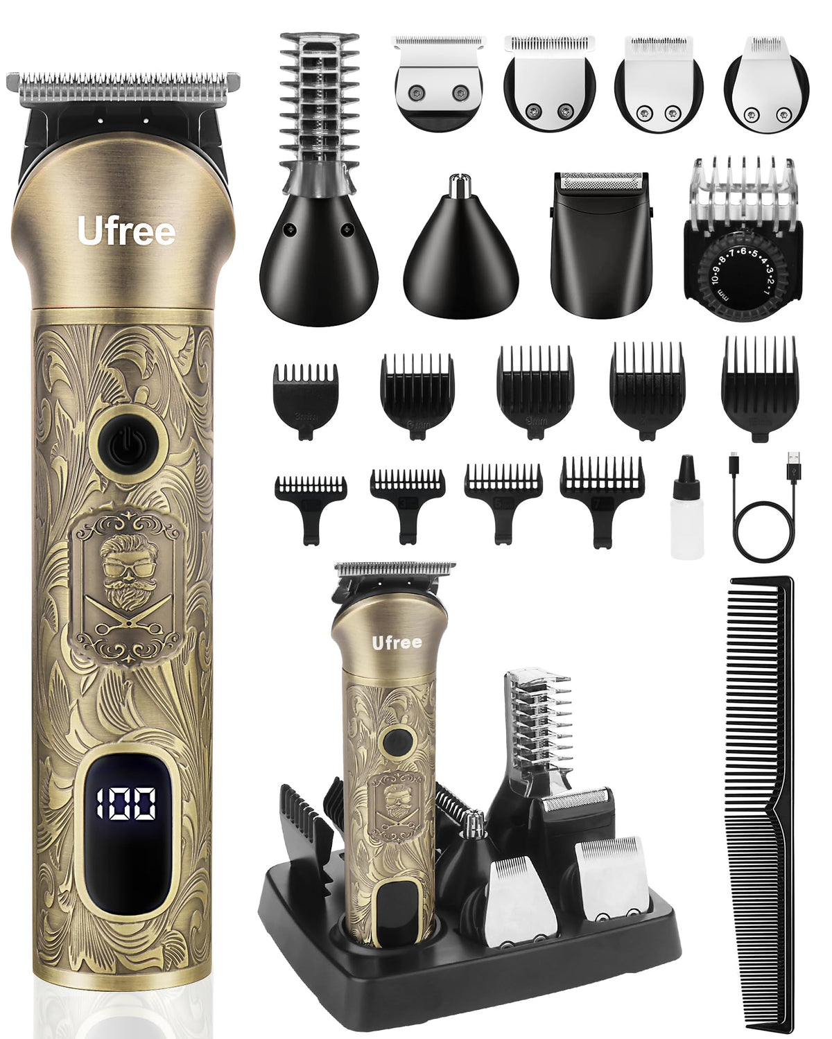 Ufree Beard Trimmer metal body with steampunk look for durable daily grooming.