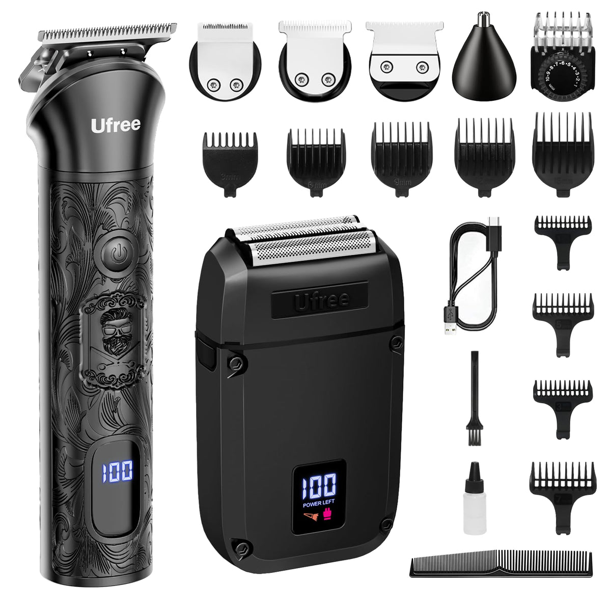 Ufree beard trimmer set assembled shows all-in-one grooming versatility for face and body.