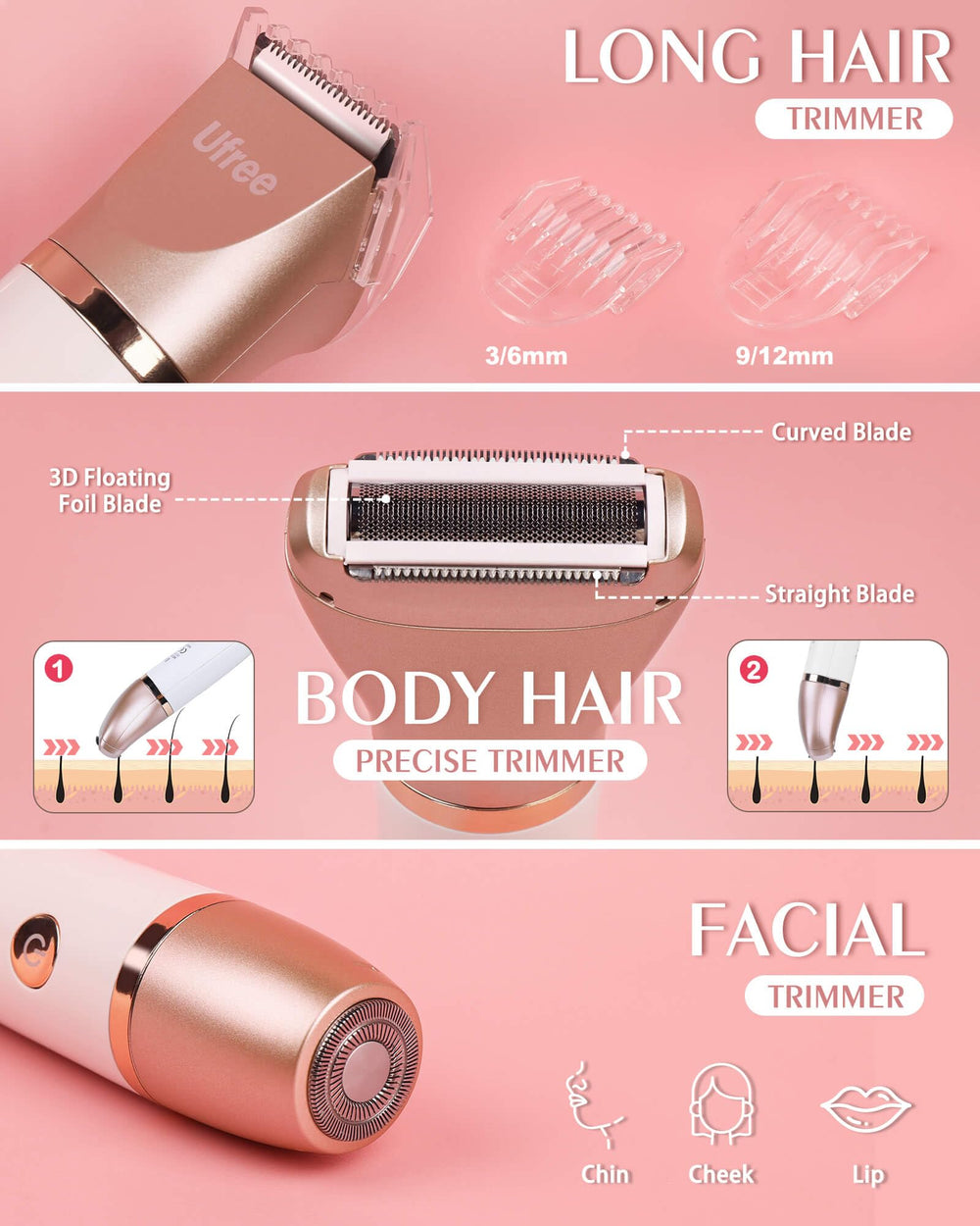 Ufree bikini trimmer with attachments for versatile styling.