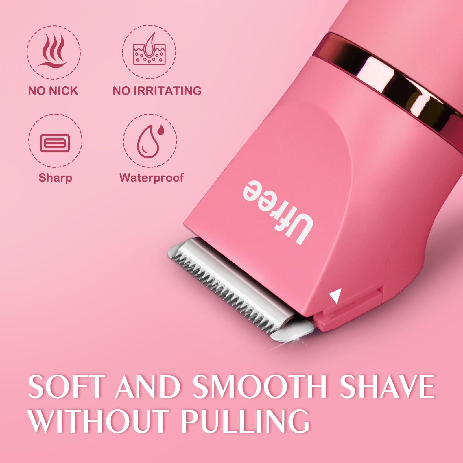 Ufree Bikini Trimmer Rose Red stainless steel blades for skin-safe trimming.