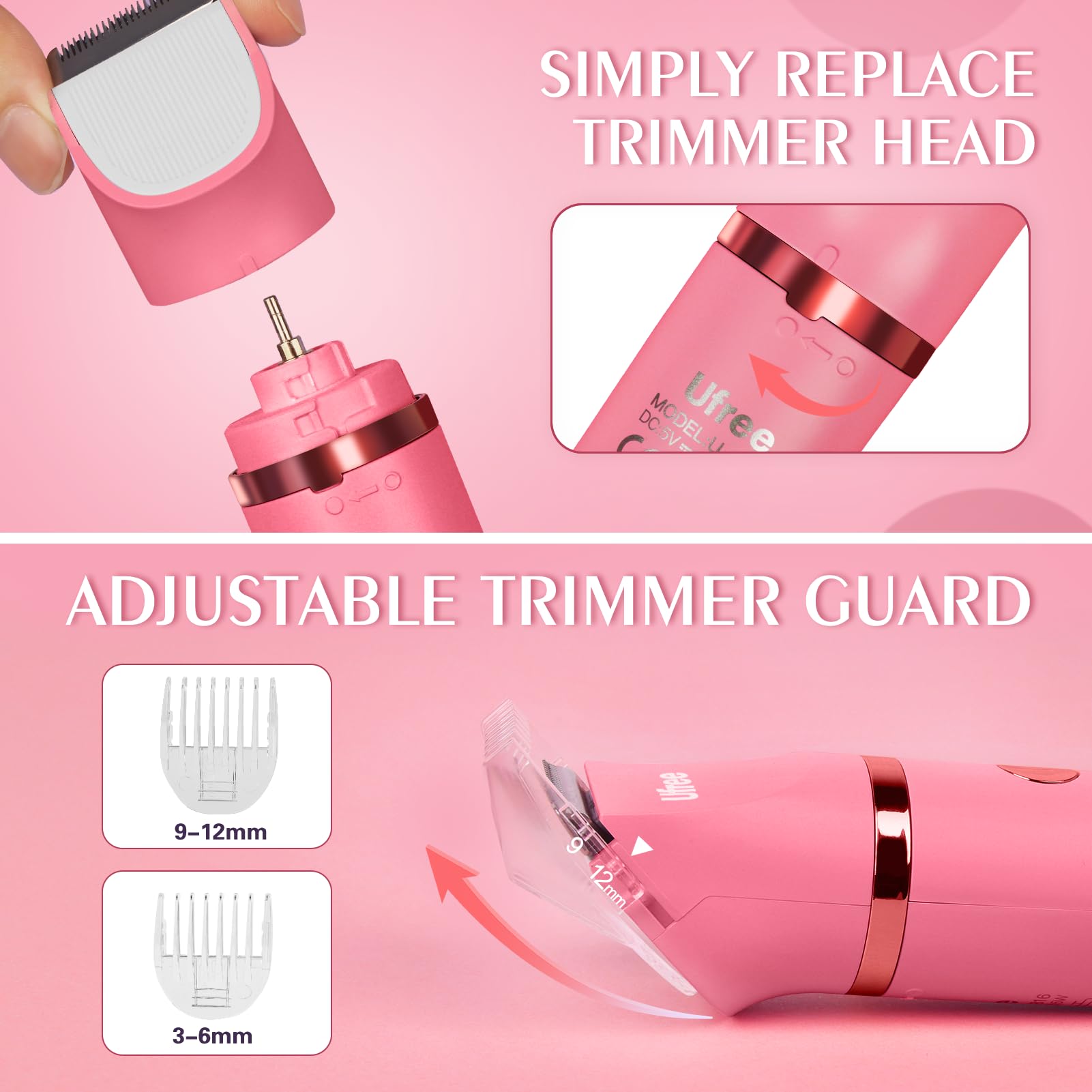 Ufree Bikini Trimmer Rose Red detachable combs for 3-6mm and 9-12mm lengths.
