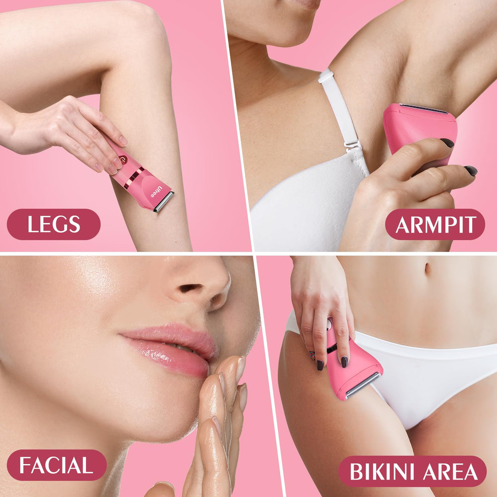 Ufree Bikini Trimmer Rose Red USB charging highlights long battery life.