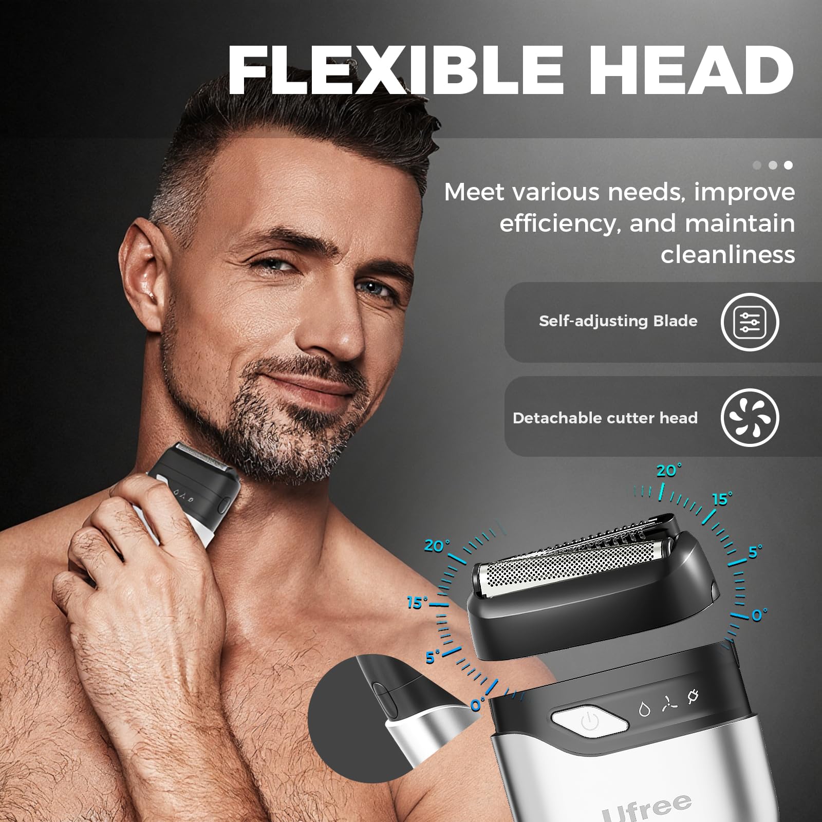 Ufree dual-foil shaver close-up showing smooth, irritation-free shaving across skin types.