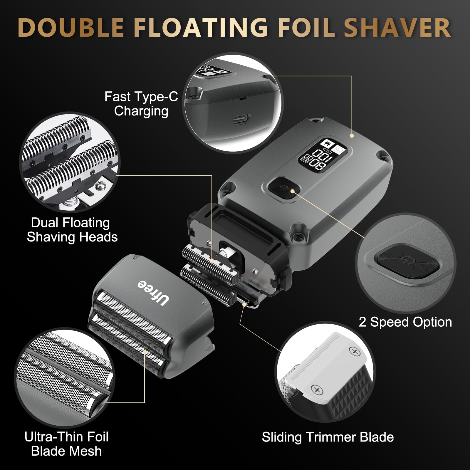 Ufree foil shaver dual-head close shave highlights comfortable, skin-friendly precision.