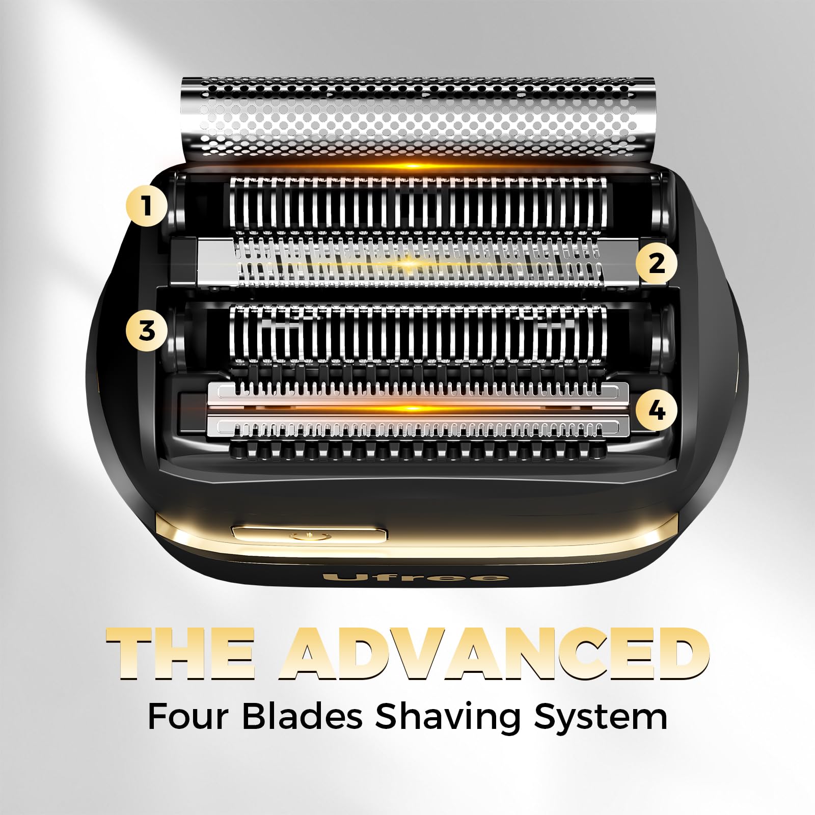 Ufree four floating blades close-up demonstrates precise contouring for a smooth shave.